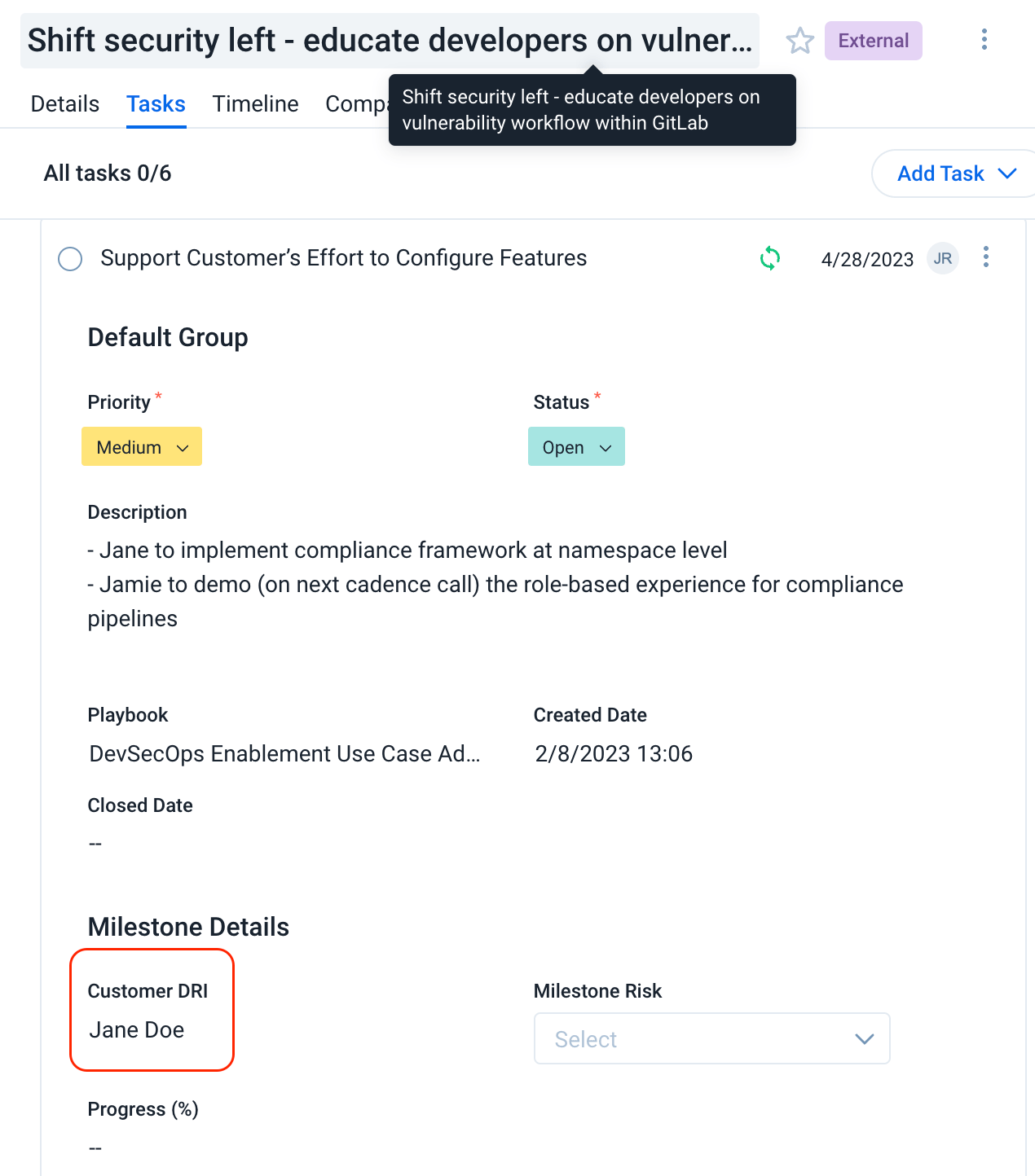 Example Success Plan Task