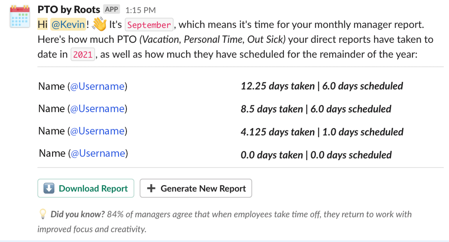 example of auto PTO reports