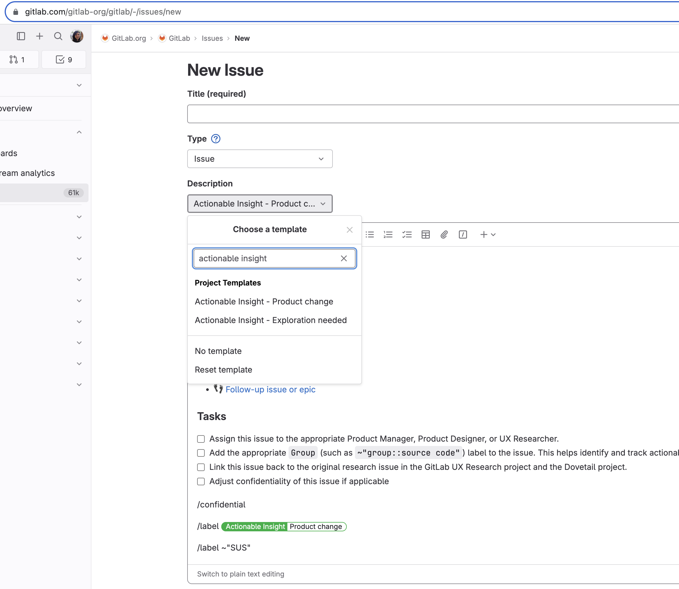 New issue screenshot with issue template