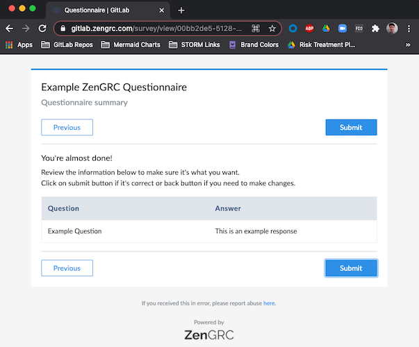 ZenGRC Questionnaire Summary Screen
