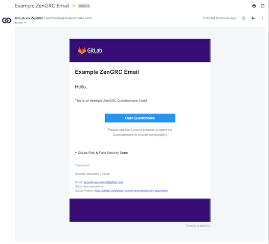 Example ZenGRC Questionnaire Email